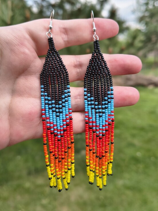 Handmade Jewelry - Native American Handmade Beaded Fringe Earrings Black Sunset Gradient